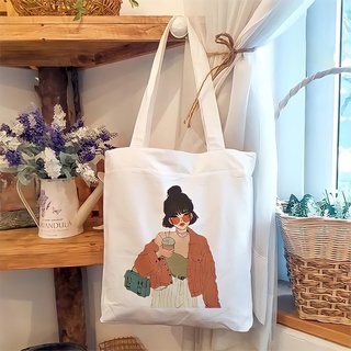 Túi tote túi vải canvas Bag.Thanhthu phong cách Hàn Quốc hoạ tiết cô gái và hoa đáng yêu có khoá bên trong 554