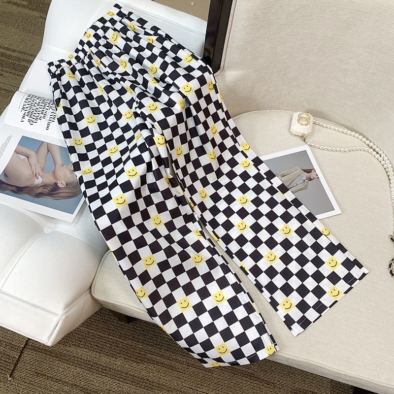 Quần Dài Dáng Suông Họa Tiết Mặt Cười Thời Trang Mùa Hè Cho Nữ