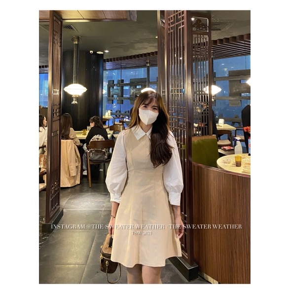[Mã FAMARAL1 giảm 10K đơn 50K] (Ảnh thật) Váy thô cổ sơ mi chiết eo phối tay phồng trắng the.sweaterweather TSW | BigBuy360 - bigbuy360.vn