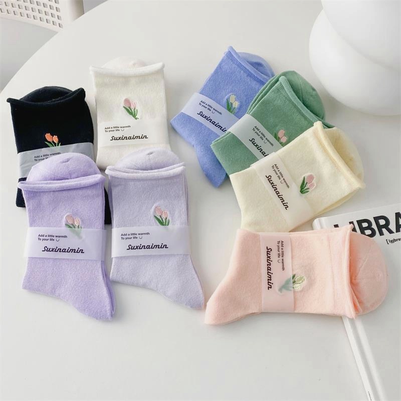 Vớ cotton Mỏng Cổ Vừa Thêu Họa Tiết Màu Sắc macaron Phong Cách Nhật Bản