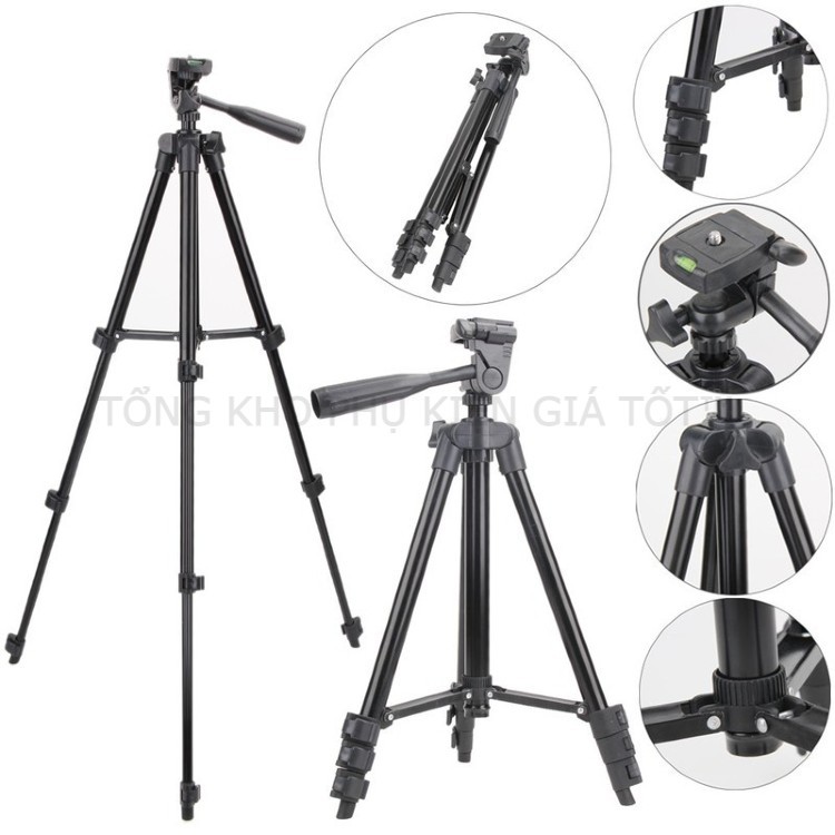 Giá đỡ điện thoại, tripod 3 chân kẹp điện thoại để quay video, livestream có kẹp, thước cân bằng