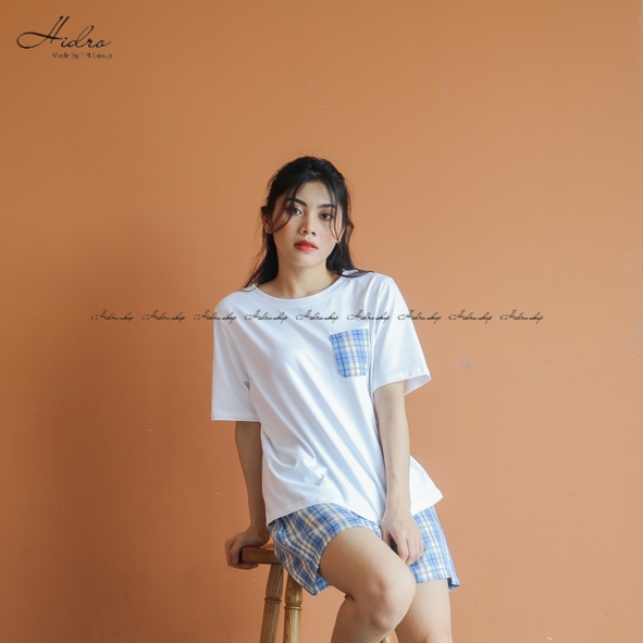 Bộ Ngủ Áo Phông Túi Phối Mix Quần Kẻ Caro Chất Cotton Siêu Mát