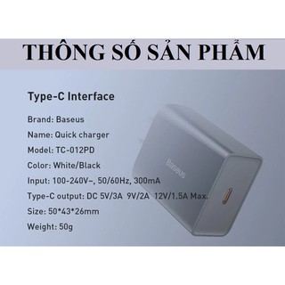 [1 cổngTypeC-18W]Đầu sạc nhanh Baseus Speed Mini TC-012PD