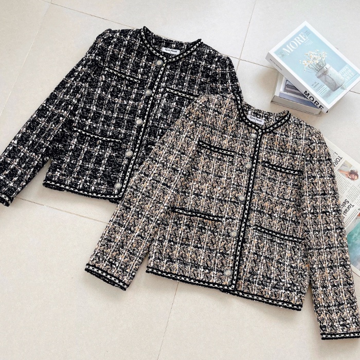 Áo dạ tweed ZYM'S HOUSE dáng ngắn cúc ngọc phối kẻ sọc K460, K461 | BigBuy360 - bigbuy360.vn