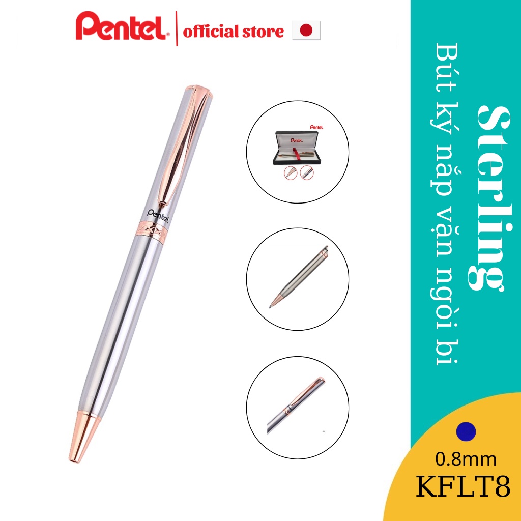 Bút Ký Cao Cấp Pentel B810-PG Ngòi 0.8mm Mực Xanh| Thiết Kế Nắp Vặn Thanh Lịch | Vỏ Bút Mạ Vàng | Nét Viết Trơn Mượt