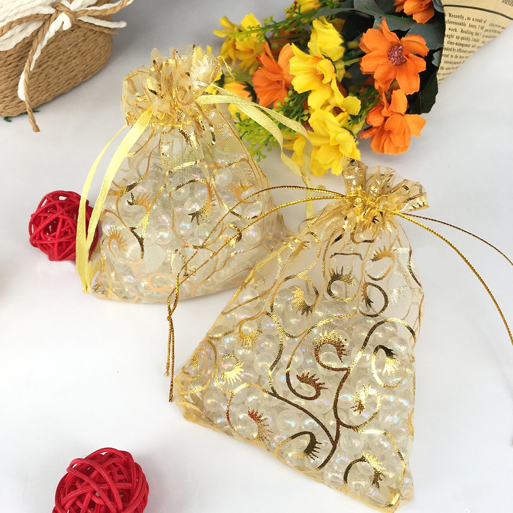 Champagne Mesh Storage Bag Gold Drawstring Gift Bags Party Wedding Festival Favor Present Bags