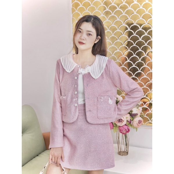Set dạ hồng phối ren tiểu thư đính kết hoa tuyết