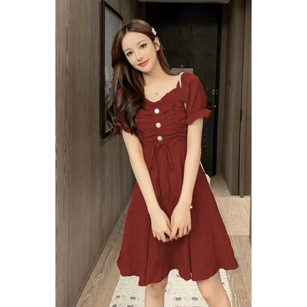 Đầm rút ngực đính 3 nút hoa cúc ngắn tay xòe - Dáng xòe 3 màu - Sky Of Love Official | BigBuy360 - bigbuy360.vn