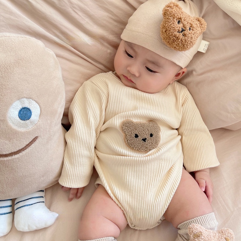 Bộ Áo Liền Quần Tay Dài In Hình Gấu Dễ Thương Cho Bé Sơ Sinh Từ 0-2 Tuổi