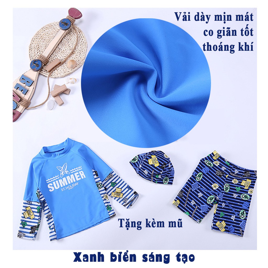 Bộ bơi bé trai dài tay chống nắng cao cấp nhiều size cho bé nặng 10-25 kg cao 80-115 cm BBBT-DT