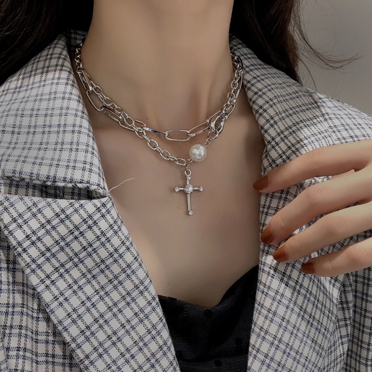 ♡Nguồn điện♡ Vòng cổ hai lớp đính ngọc trai sang trọng phong cách Hàn Quốc