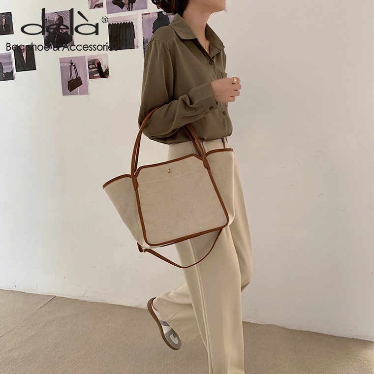Dela Túi vải Phối Da Hai Màu Đeo Chéo Vai Đa Năng