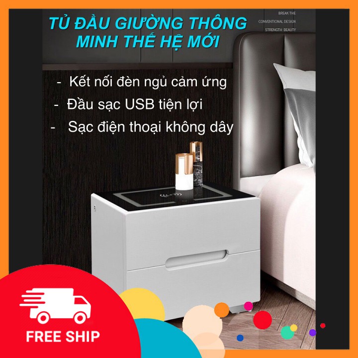 ⚡️Tủ Đầu Giường Có Chức Năng Sạc Không Dây Cho Điện Thoại ⚡️ Bàn Đầu Giường Thông Minh, Có Đèn Led B031