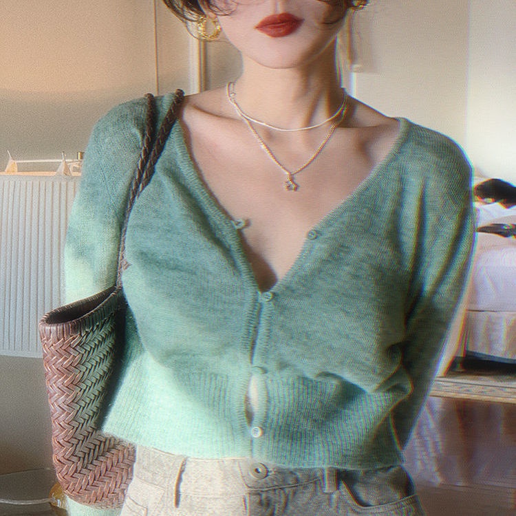 Áo khoác Cardigan dệt kim mỏng lưng cao cổ chữ V phong cách thời trang mùa thu pháp