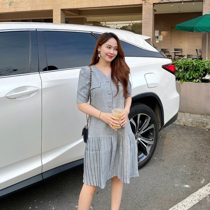 Đầm cổ tim dáng suông xếp li túi giả, đi chơi, công sở LXK00010 | BigBuy360 - bigbuy360.vn