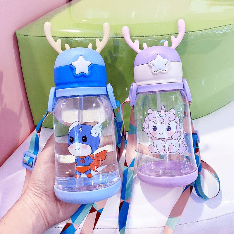 Bình uống nước có ống hút mềm dẻo cho bé dung tích lớn 600ml với thiết kế dễ thương phù hợp cho mọi bé trái bé gái - NK