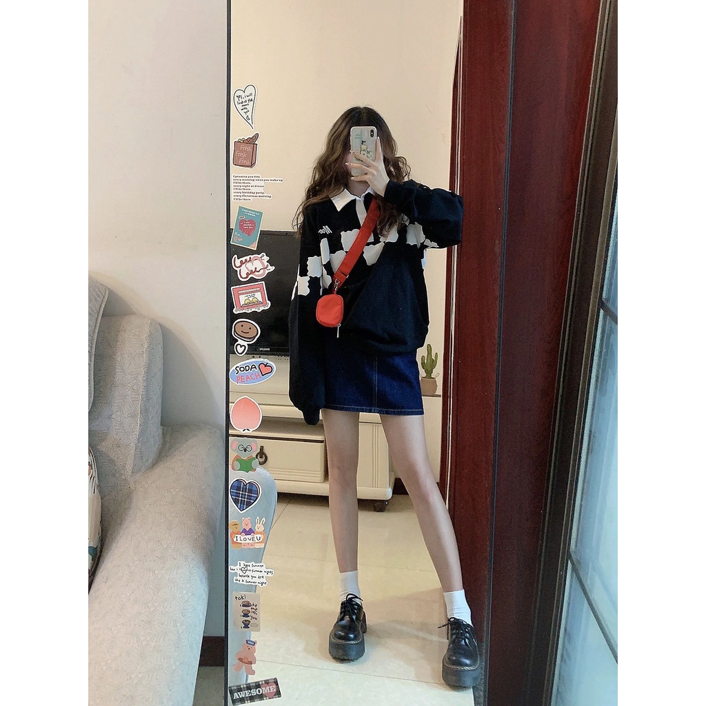 Áo Khoác Polo Dài Tay Dáng Rộng Họa Tiết Ca Rô Đen Trắng Thời Trang Mùa Thu Dành Cho Nữ