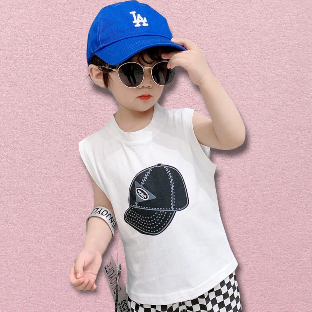 Bộ quần áo bé trai Con Xinh cotton sát nách hình in Nón COOL, thười trang mùa hè dành cho trẻ em từ 4 đến 10 tuổi