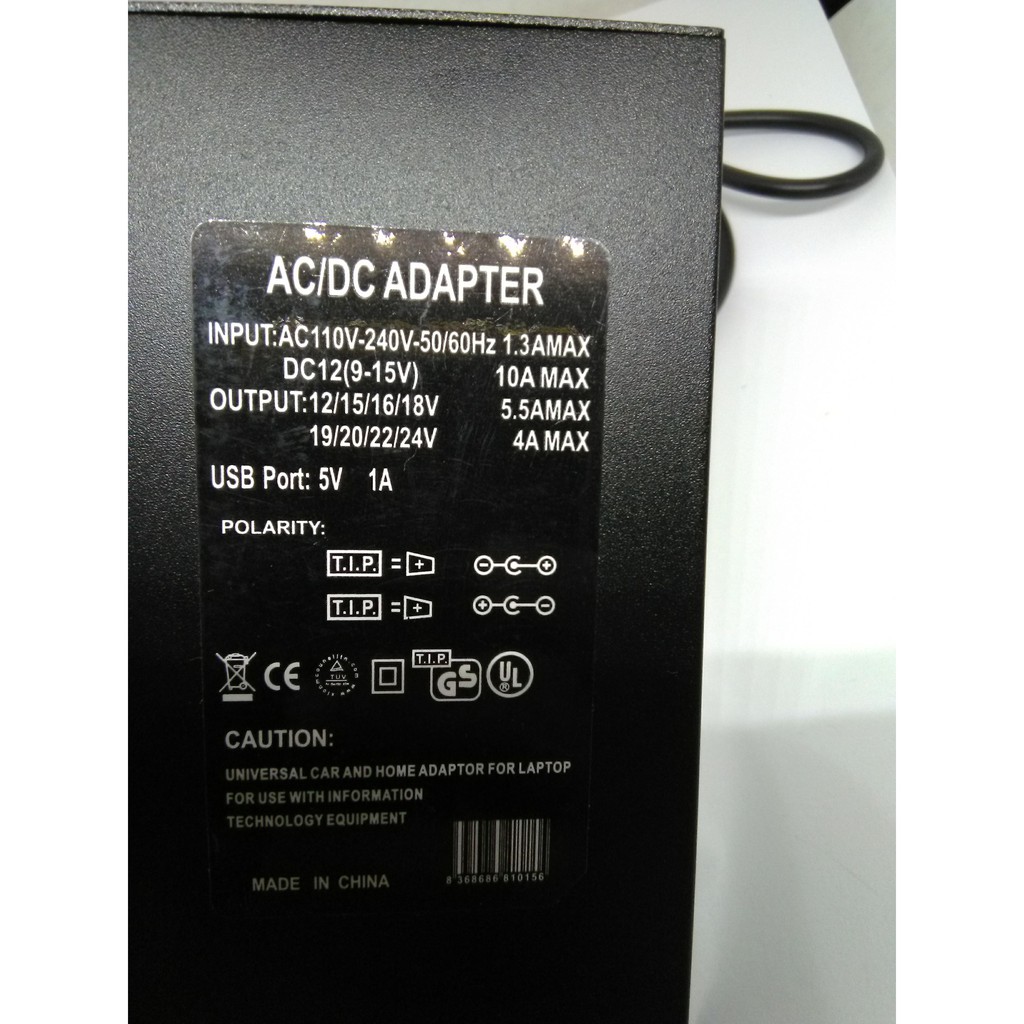 Adapter - Sạc laptop đa năng (nguồn ra 12V~24V 120W)(cắm nguồn 12V/110-240V)(tặng dây kẹp cá sấu=> nguồn tẩu thuốc)