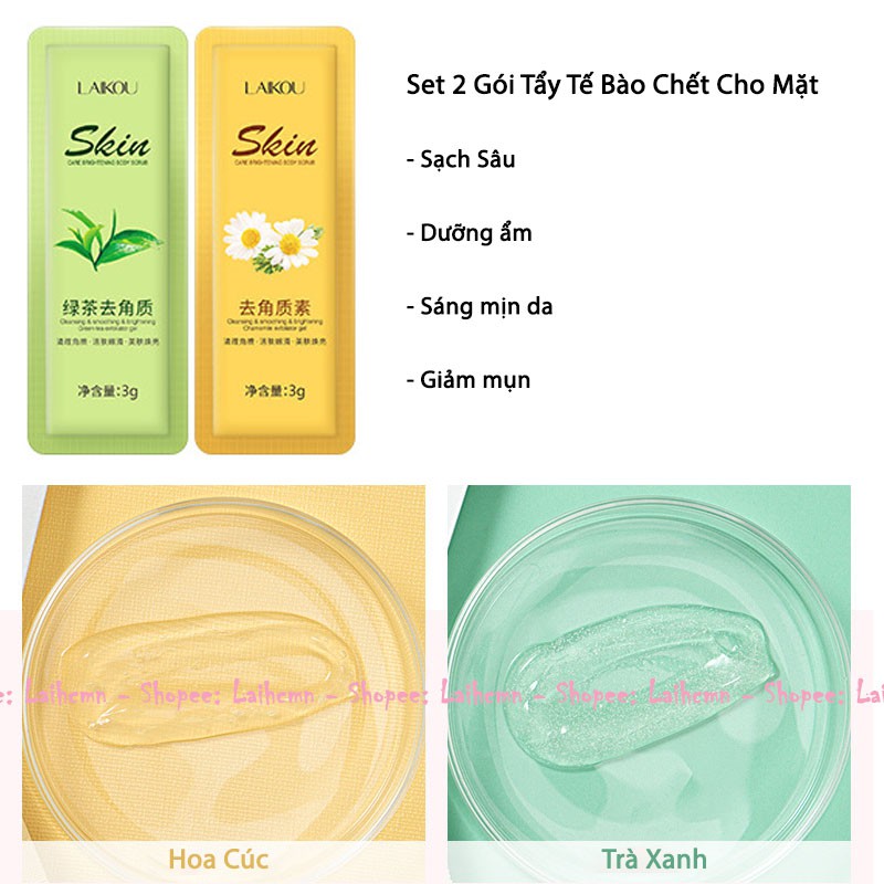 Set 2 Gói Mặt Nạ Bùn Và Tẩy Tế Bào Chết LAIKOU (3g) Dưỡng Ẩm, Sạch Sâu, Giảm Mụn, Sáng Mịn, Thu Nhỏ Lỗ Chân Lông