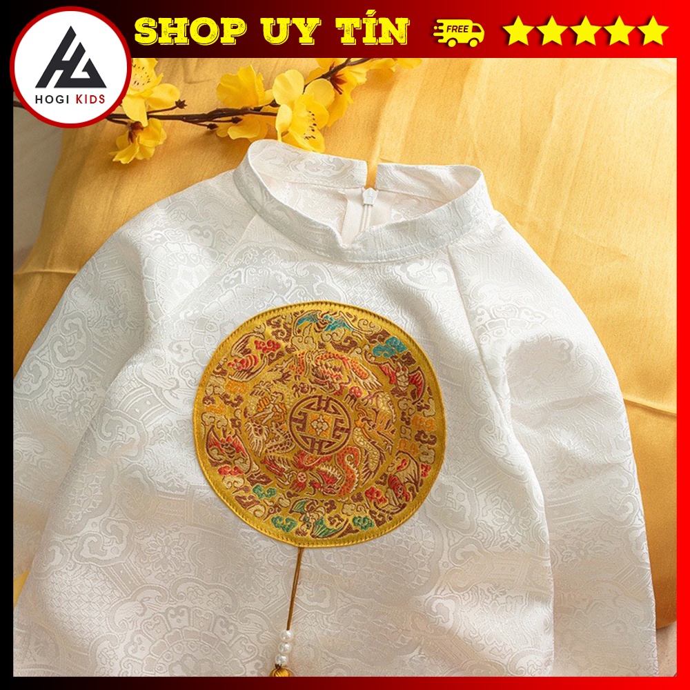Áo dài cách tân Hogi cho bé gái vải gấm trắng phối váy vàng, áo tết cho trẻ em full size - Hogi clothing