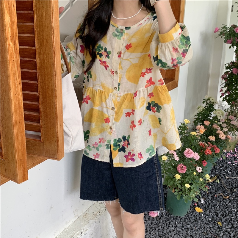 SUXI Áo Kiểu Tay Dài Cổ Tròn Hoạ Tiết Hoa Phong Cách Hàn Quốc