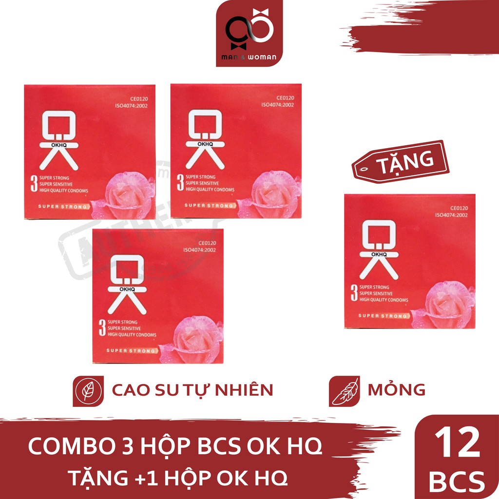 Bộ 4 hộp Bao cao su Ok HQ Hương Dâu Tây - Bạc Hà - Không Mùi 12 cái CB017