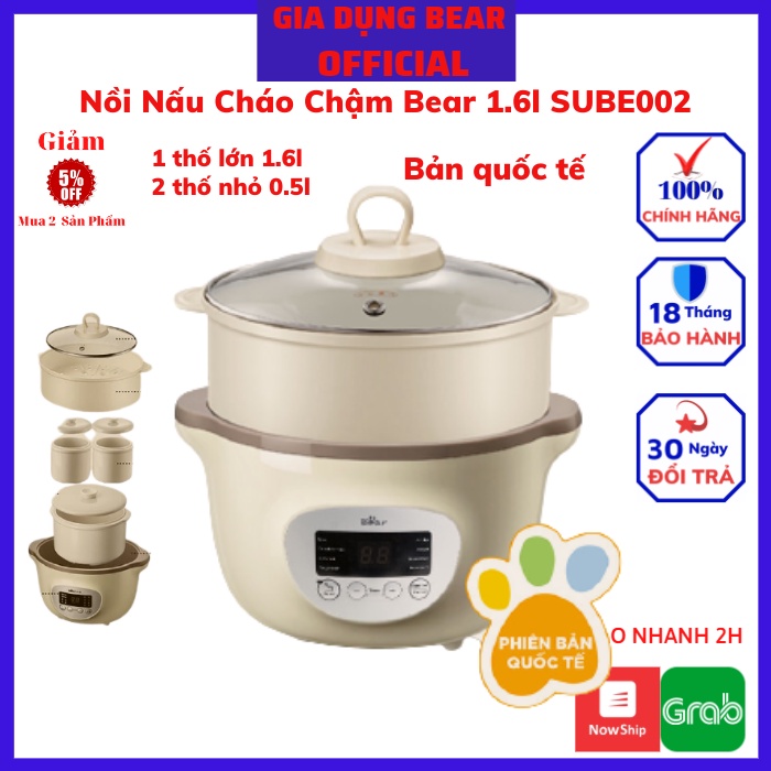 Nồi Nấu Cháo Cho Bé_Nồi Nấu Chậm_Hầm Cháo Đa Năng, Kèm Lồng Hấp_Bear Dung Tích 0.8L- 1L - 1,6L - 2,5L- Bảo Hành 12 Tháng