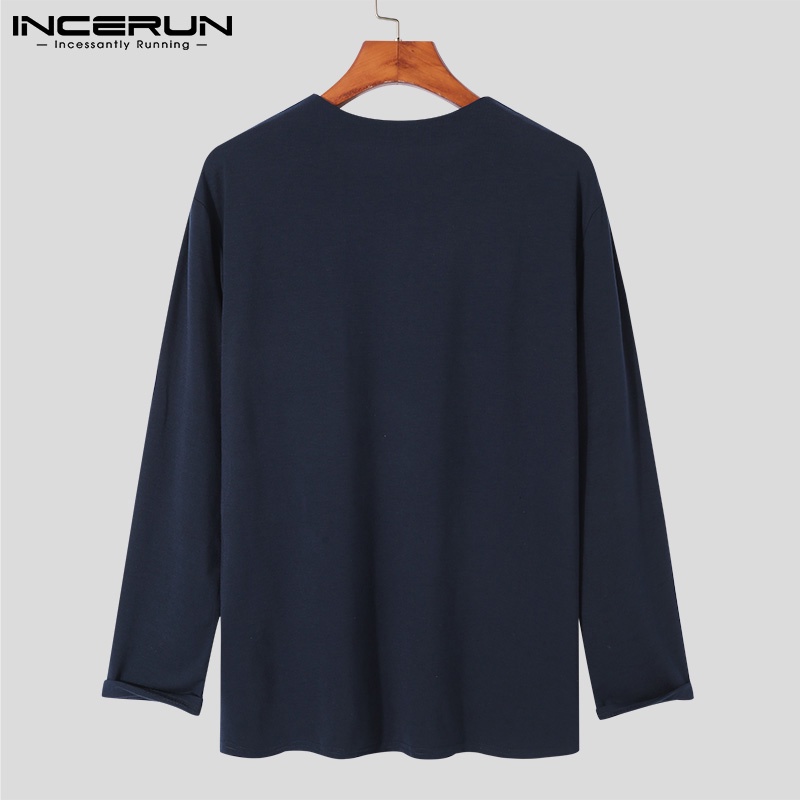 Áo INCERUN dài tay cổ chữ V màu trơn thời trang mùa xuân dành cho nam có 4 màu tùy chọn