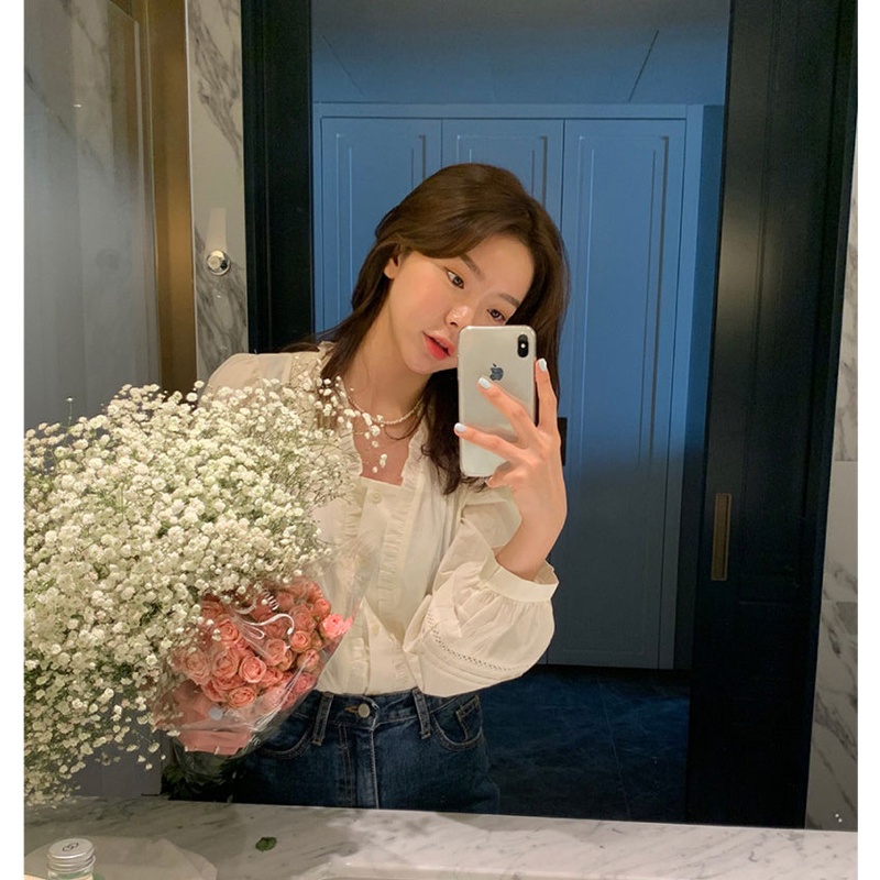 Áo Sơ Mi Trắng Dài Tay Phối Bèo Kiểu Pháp Đơn Giản Thanh Lịch 49225