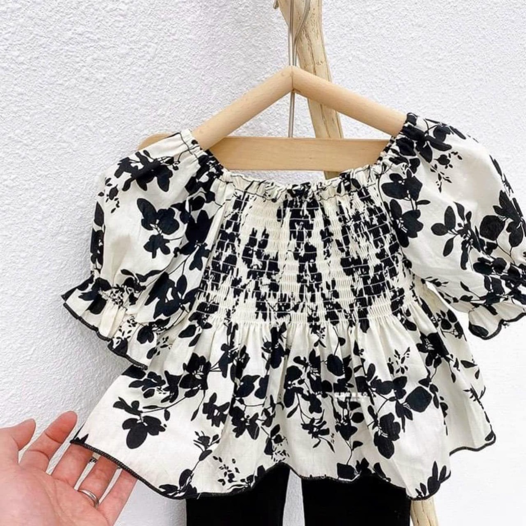 Đồ bộ bé gái set áo hoa đen quần loe tiểu thư cho bé