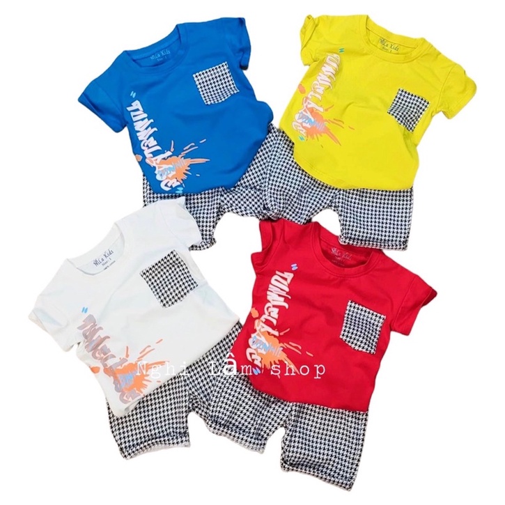 Set đồ bộ bé trai Áo thun cotton 100% co giản 4 chiều quần lửng thun cotton họa tiết caro cho bé 8-36kg