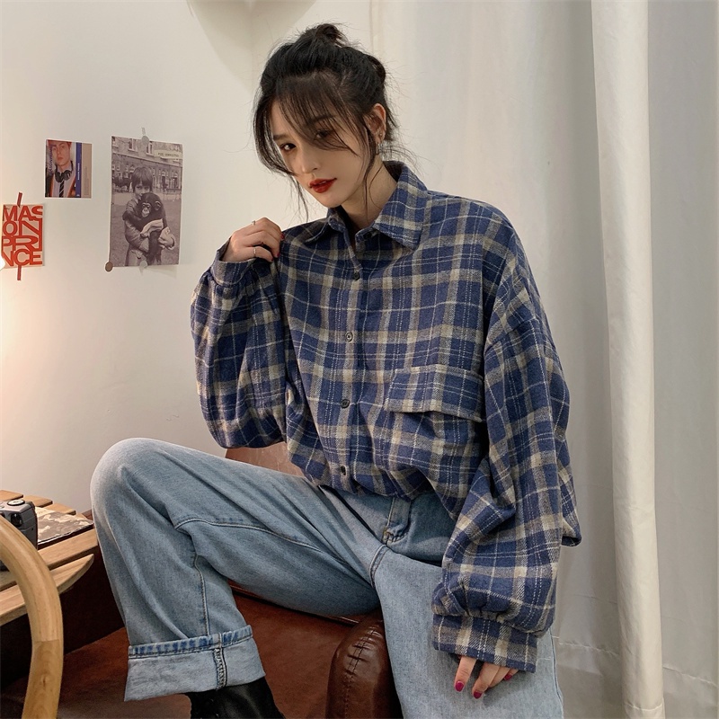 SUXI Áo Sơ Mi Caro Tay Dài Dáng Rộng Trẻ Trung Phong Cách Vintage Cho Bạn Gái
