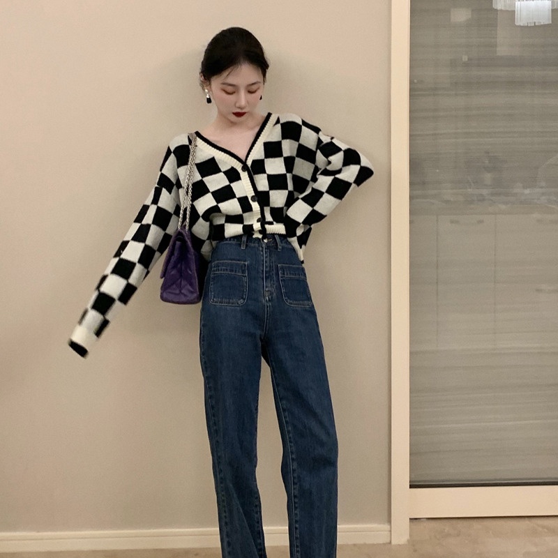 Áo khoác cardigan dệt kim cổ chữ V phong cách Hàn Quốc retro cho nữ