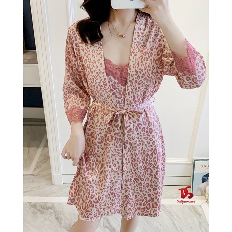Set Đầm & Choàng Phi Lụa Phối Ren Hoạ Tiết Animal