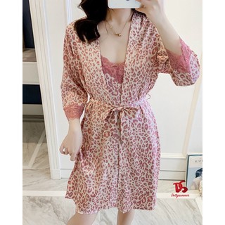 Set đầm & choàng phi lụa phối ren hoạ tiết animal