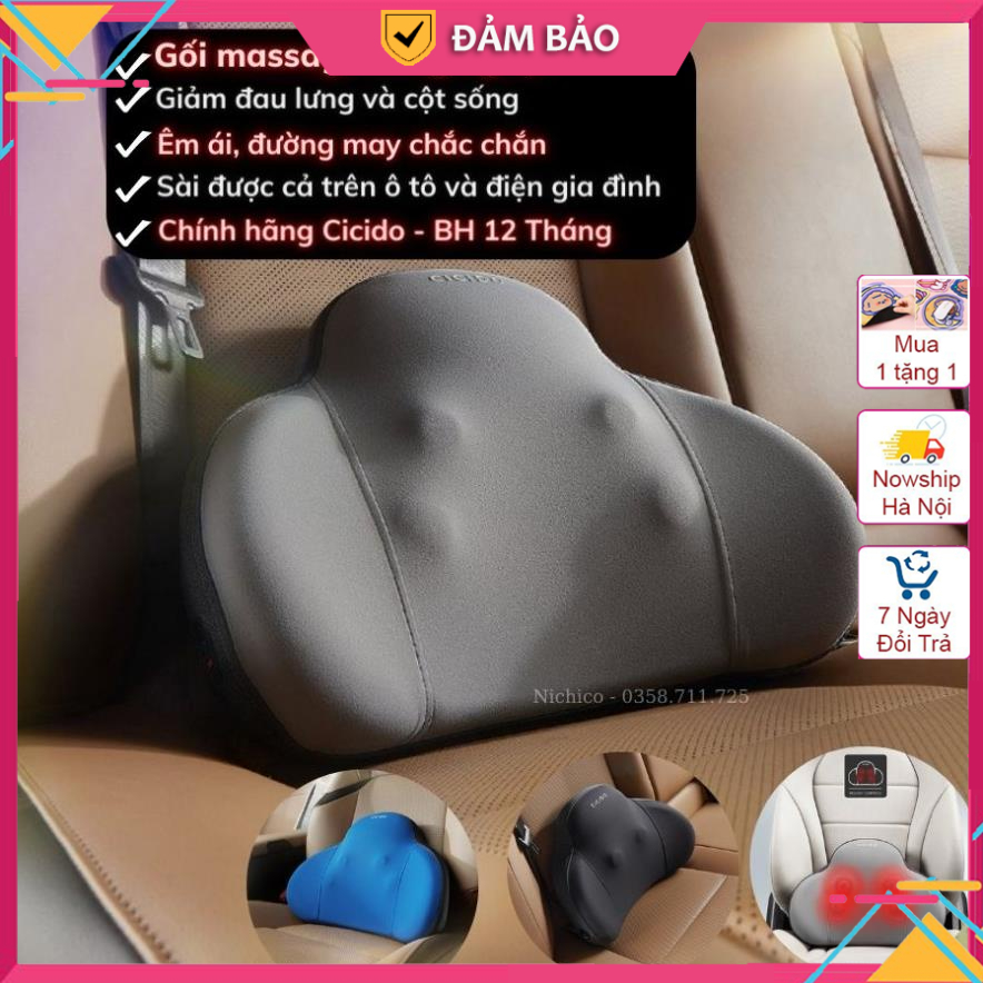 Gối massage ô tô có hồng ngoại, Tựa lưng ô tô chính hãng Cicido có massage 4 điểm và chườm nóng bằng tia hồng ngoại