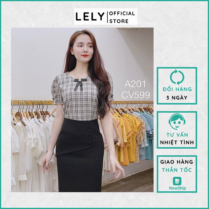 Áo sơ mi kẻ caro công sở cao cấp LELY A201 Kẻ Nơ Cài Đen, Nữ Tính, Thanh Lịch