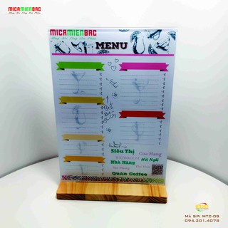 Menu Mica A4 Chữ T đế Gỗ (Kích thước thân tiêu chuẩn 210 x297mm đế gỗ thông)