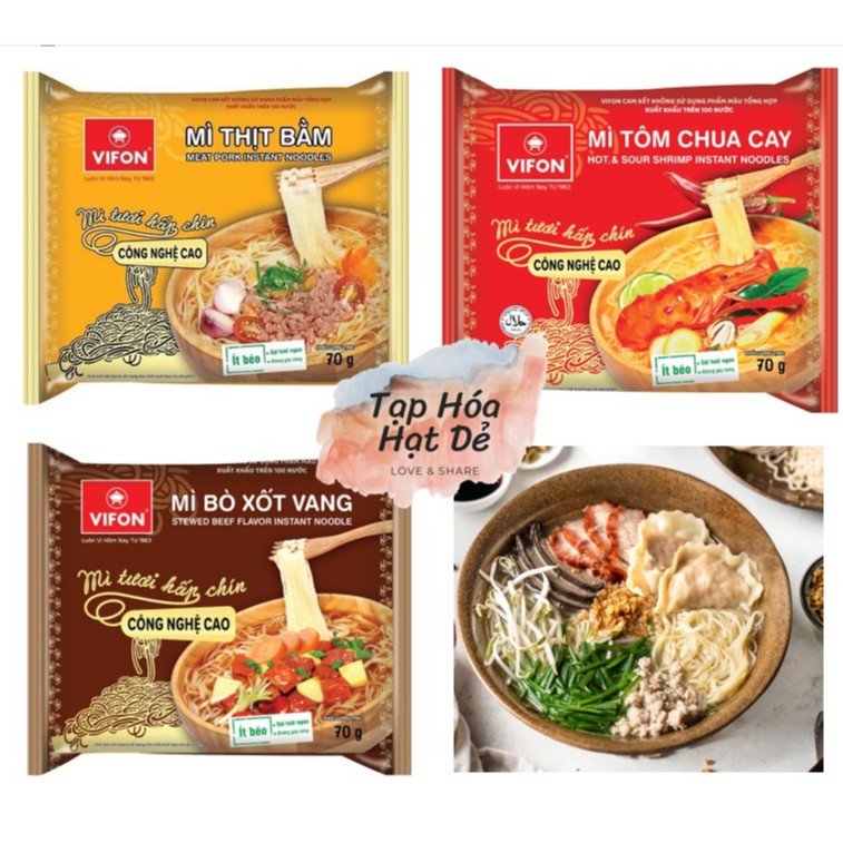 Mì tươi hấp chín Vifon vị thịt bằm/ tôm chua cay gói 70gr