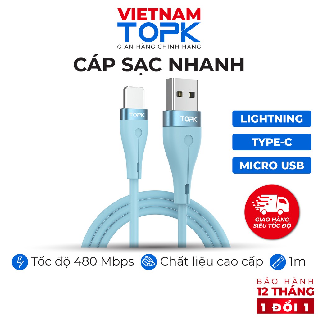 Dây cáp sạc TOPK AN46 dùng cho điện thoại Vỏ TPE silicon dẻo chống đứt gãy Hàng chính hãng Bảo hành 12 tháng 1 đổi 1