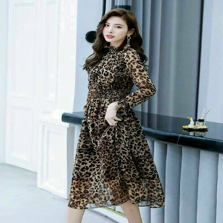 Váy đầm nữ dài tay họa tiết da beo thiết kế xòe xếp ly nhẹ sang chảnh | BigBuy360 - bigbuy360.vn