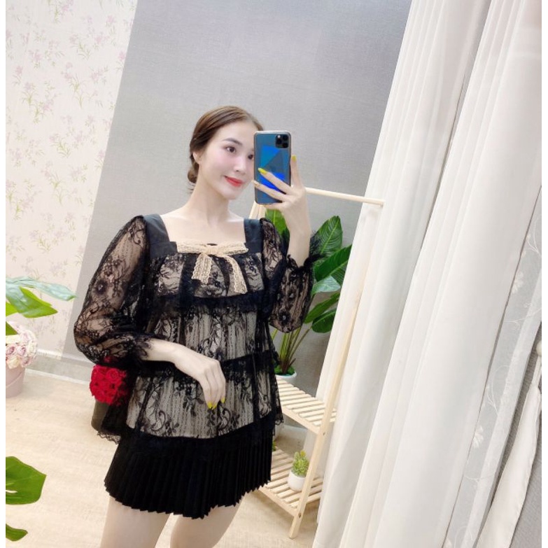 Áo sơ mi ren cổ nơ vuông 0057 nơ A300.109