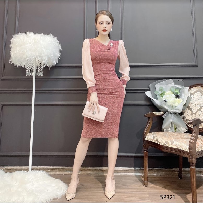 CRYS Đầm nhũ phối tay tơ tag đá, đầm body dự tiệc sang trọng SP321 | BigBuy360 - bigbuy360.vn