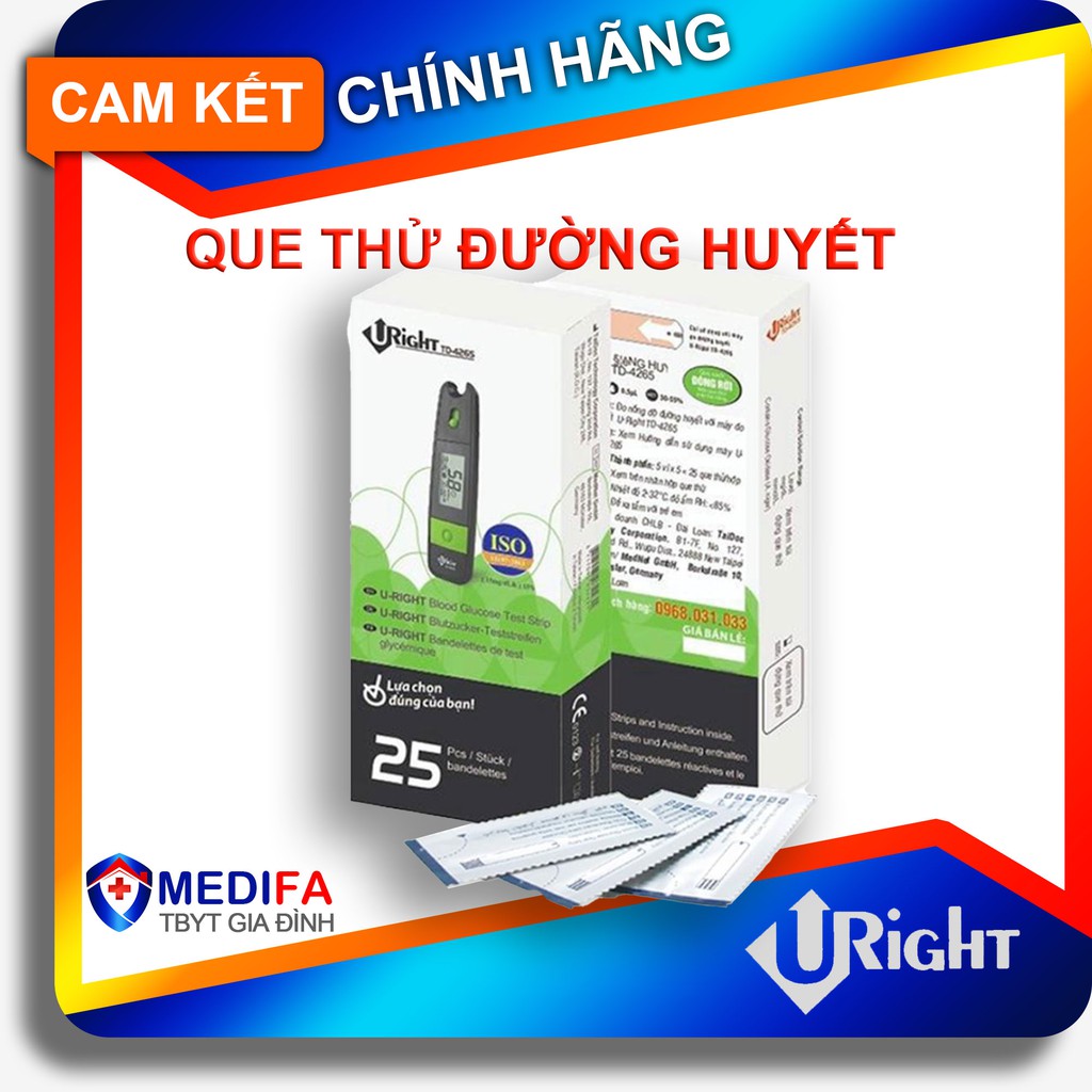 💎[Chính hãng]💎Hộp 25 Que thử đường huyết dùng cho máy URight TD-4265/TD-4267