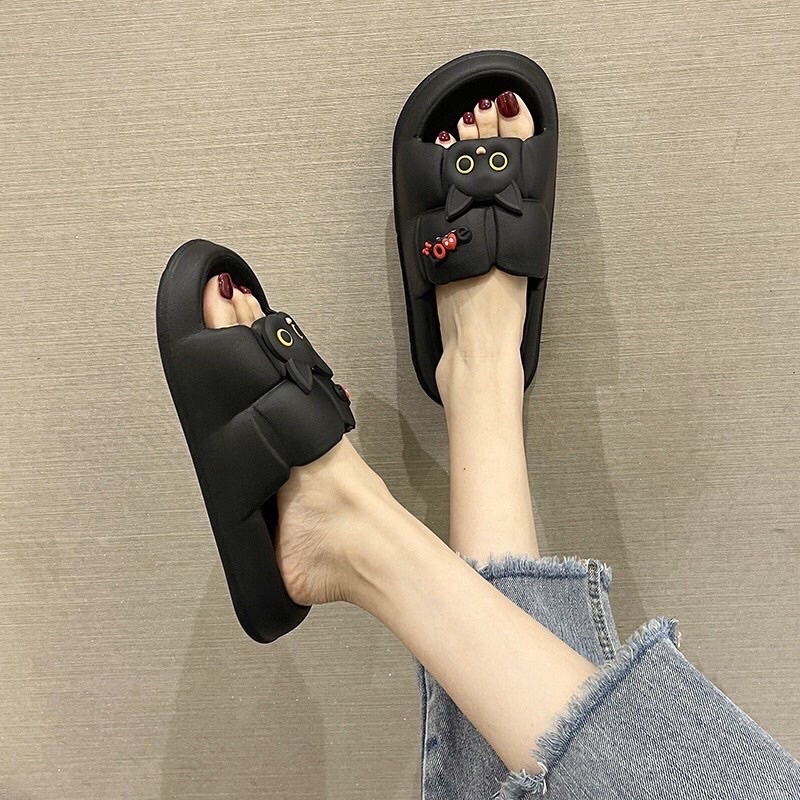 Dép bánh mì quai ngang nữ ô vuông đính sticker mèo cute siêu êm siêu bền - DL160