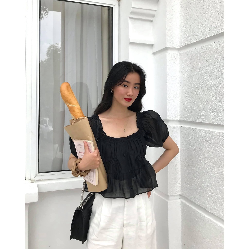 TheBlueTshirt - Áo Kiểu Tay Phồng Màu Đen - Mary Jane Top - Black