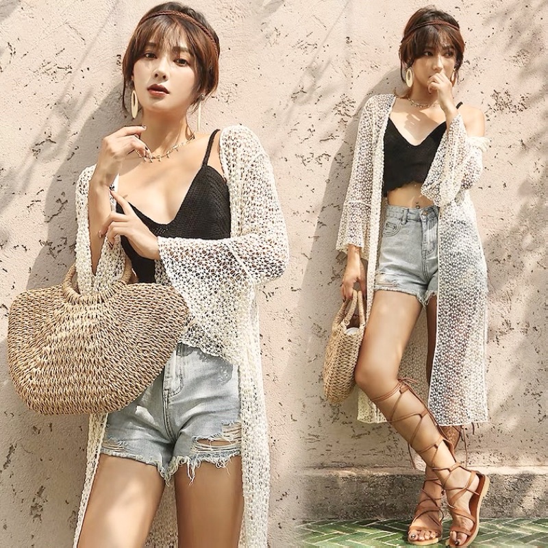Áo khoác lưới dài đi biển phối khoác bikini 2 dây ren dễ thương đi du lịch style hàn quốc