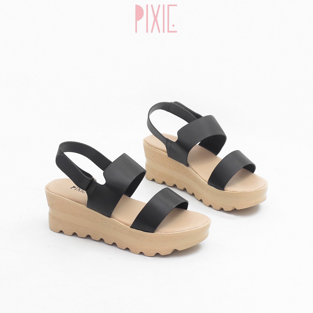 Giày Sandal Đế Xuồng 5cm Siêu Nhẹ Quai Ngang Màu Đen Pixie X425