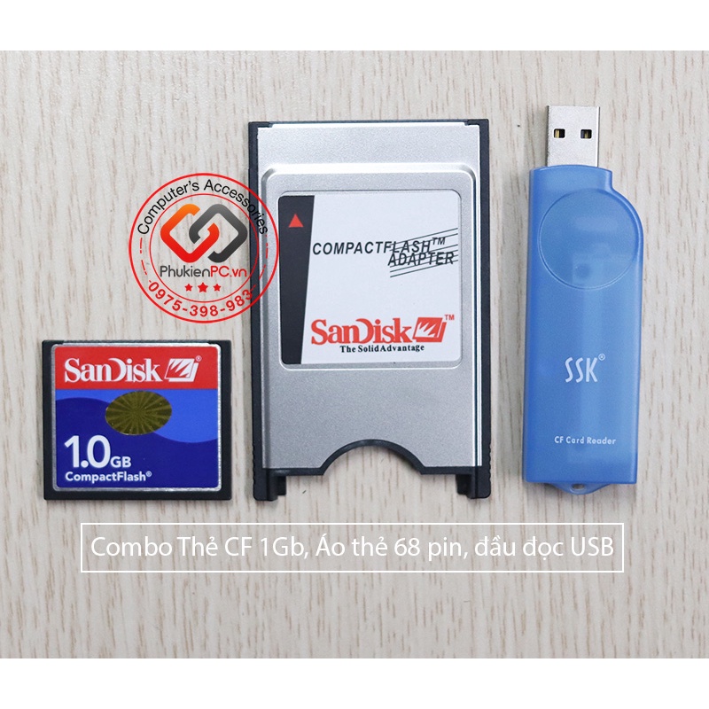 Combo Thẻ nhớ CF 1GB, áo thẻ PCMCIA 68Pin, Đầu đọc USB cho máy CNC